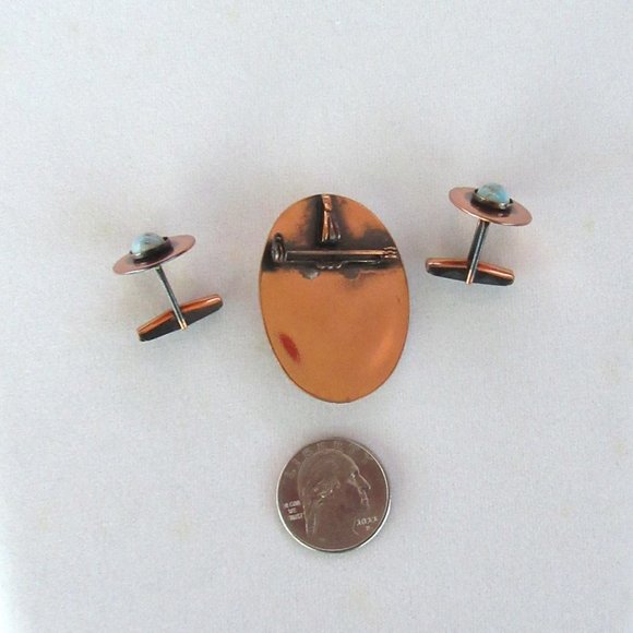 Vintage copper & turquoise brooch/pendant & cufflink set - unisex -MCM to Modern - Picture 8 of 9